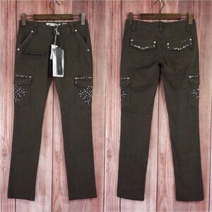 *READ* NWT Miss Me Size 25 Skinny Cargo Pants Cross Embellished Olive CP1270
